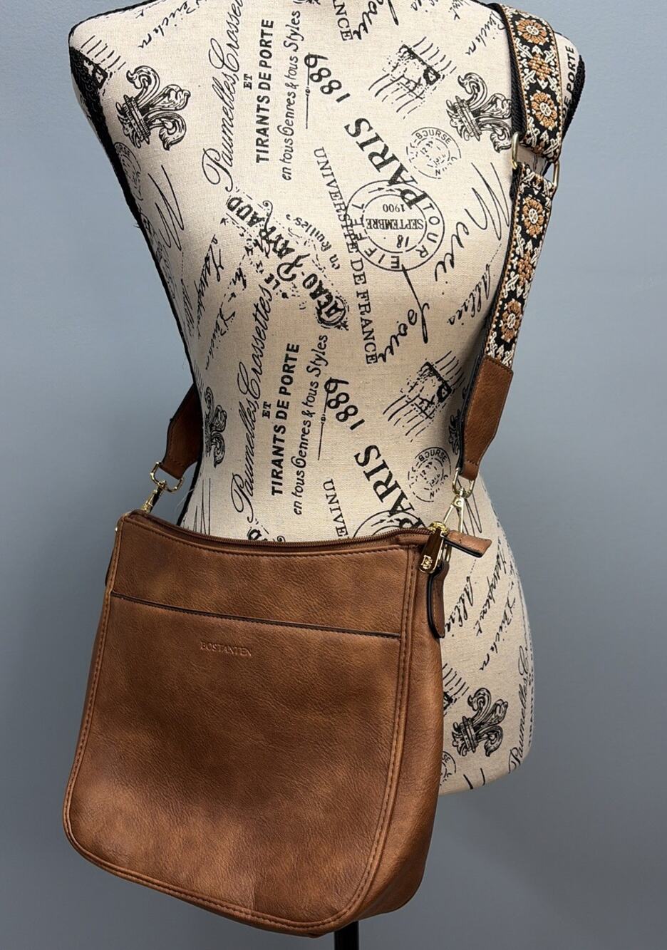 Bostanten - Brown Vegan Leather 10” Crossbody Bag w/Adjustable/Removable strap